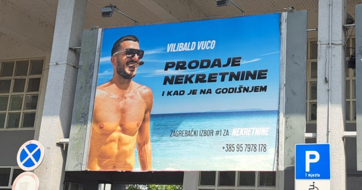 Vucin sin bez majice na plakatu u Zagrebu: "Prodajem nekretnine i na godišnjem"