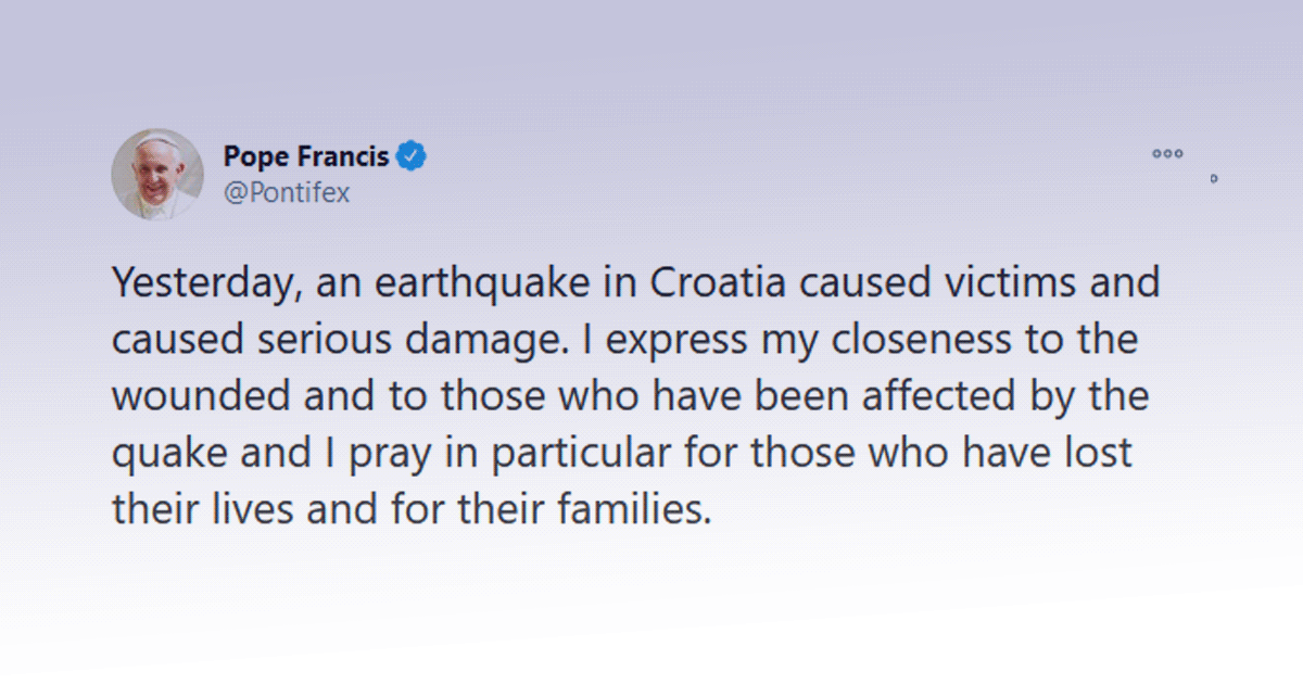Papa Franjo: Molim za žrtve potresa u Hrvatskoj