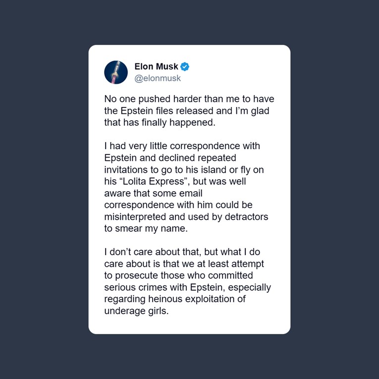 Musk se oglasio o mejlovima s Epsteinom u novim dokumentima