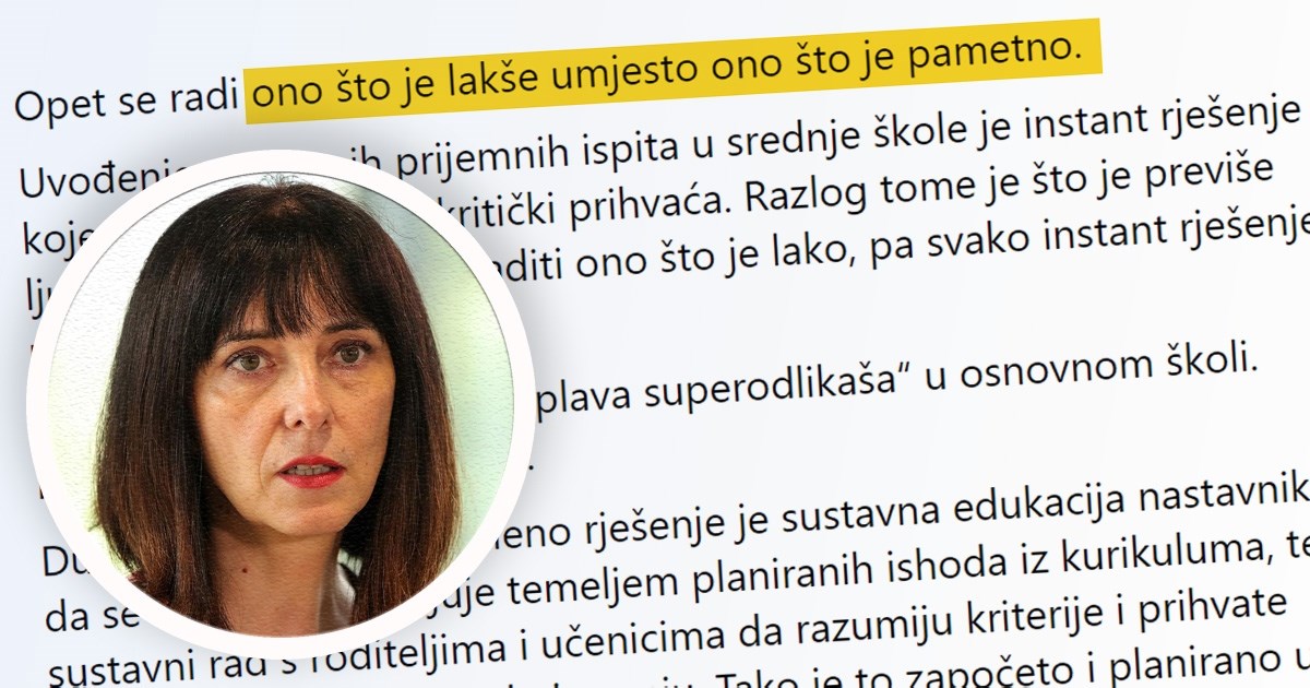 Bivša ministrica o superodlikašima: Problem je stvaran, ali prijemni nisu rješenje