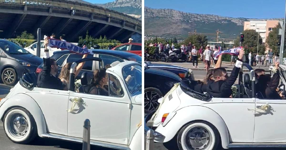 Mladenci ispred Poljuda privukli pažnju, provozali se sa zastavom Hajduka