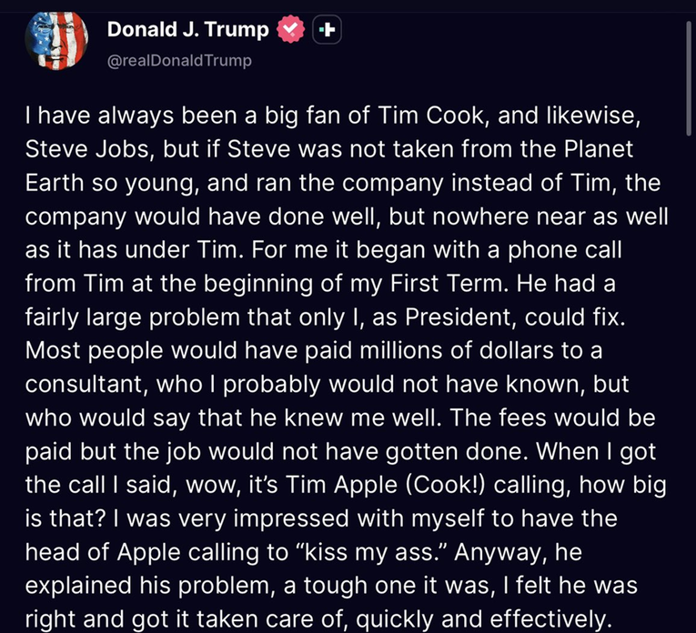 Trump: Tim Cook me nazvao da mi "ljubi guzicu". Bio sam jako impresioniran sobom