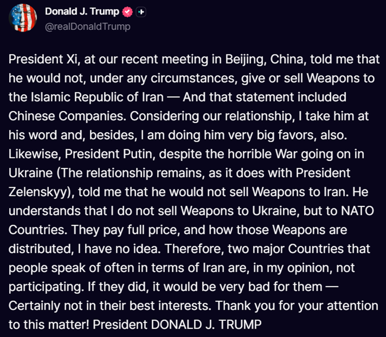 Trump: Kina i Rusija ne naoružavaju Iran. Putin zna da ja ne prodajem oružje Ukrajini