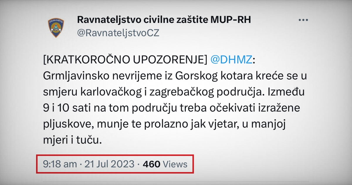 Civilna zaštita u 9:18: Od 9 do 10 očekujte jake pljuskove, munje, a možda i tuču