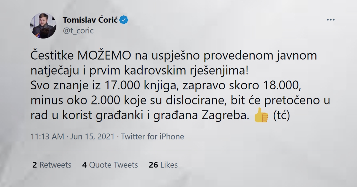 Ćorić (tć) u radnom vremenu na Twitteru napada Možemo. Oreščanin: Odlazi već jednom!