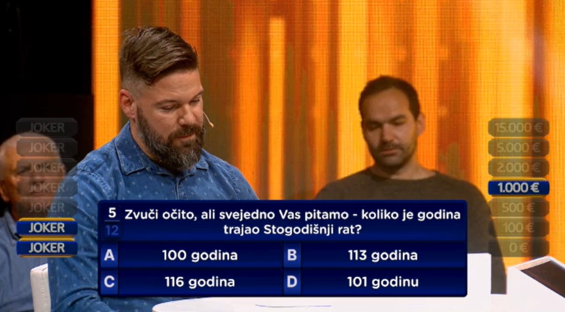 Biolog iz Zagreba Joker napustio s nulom. Nije znao koliko je trajao Stogodišnji rat