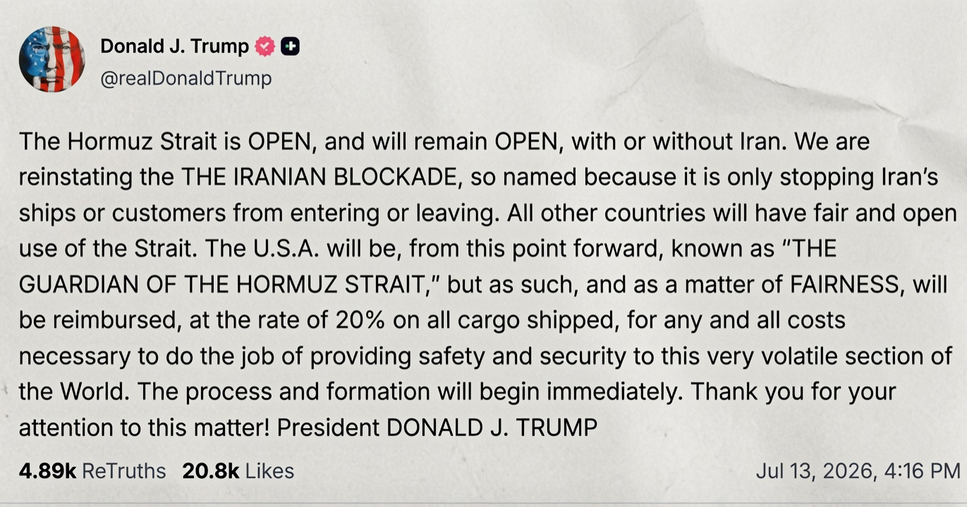Trump: Hormuški tjesnac je OTVOREN, SAD će naplaćivati 20% na sav teret
