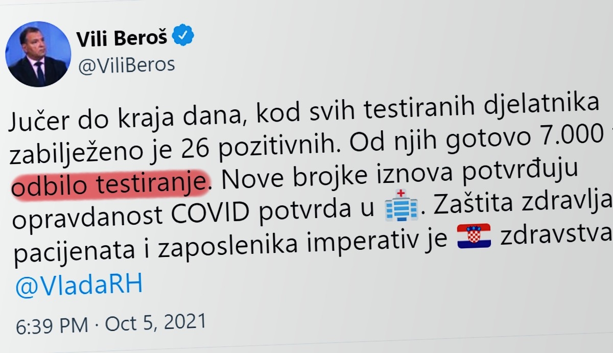 Beroš objavio koliko je medicinskih djelatnika u Hrvatskoj odbilo testiranje