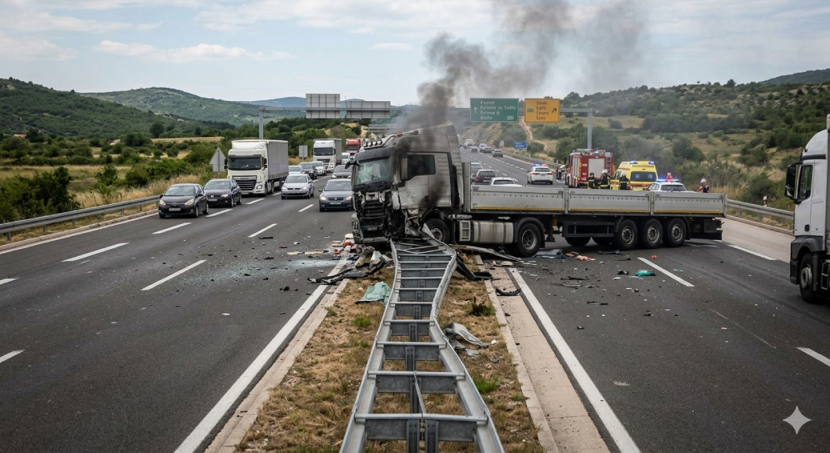 Kamion probio ogradu na A3 i zapalio se