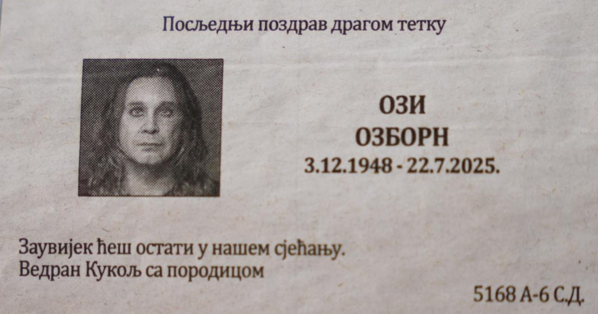 "Posljednji pozdrav tetku": Osmrtnica za Osbournea osvanula u banjalučkim novinama