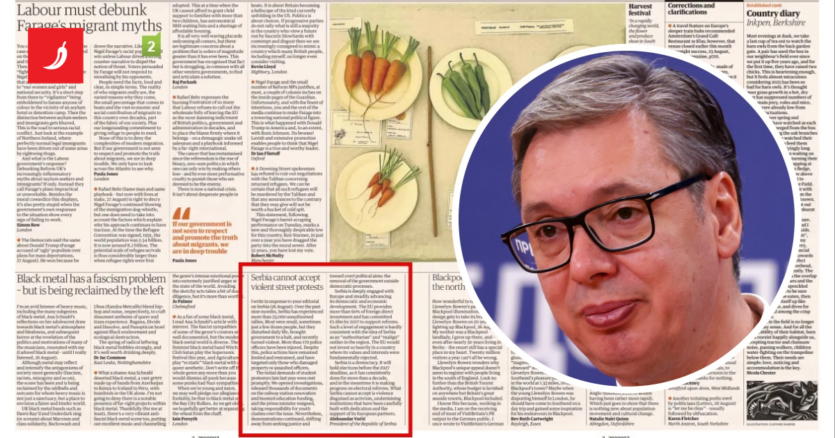 Vučić reagirao na članak The Guardiana, oni ga objavili u rubrici "pisma čitatelja"