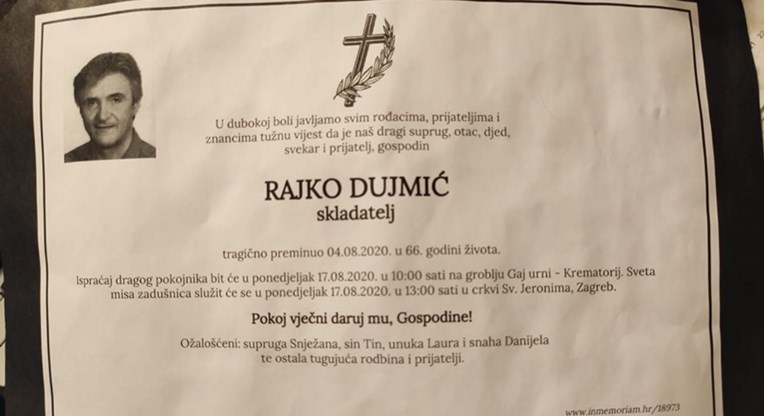 Shrvana supruga Snježana objavila osmrtnicu Rajka Dujmića