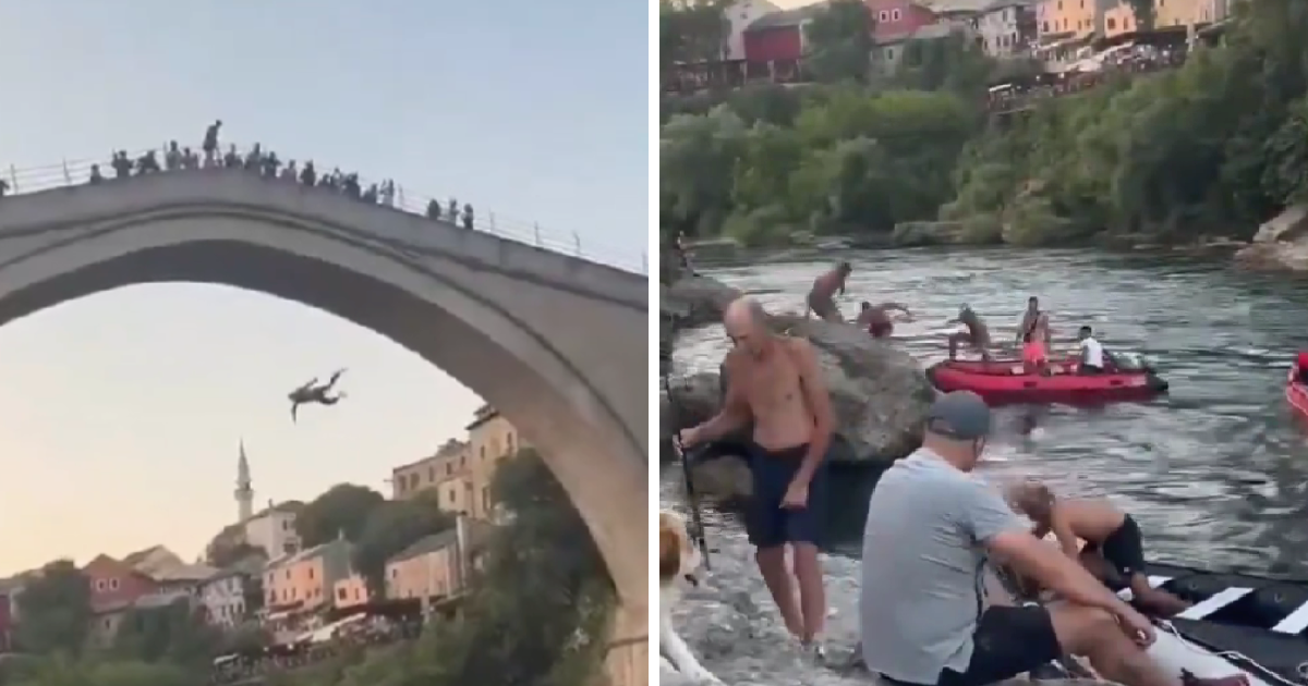 VIDEO Strani turist izveo rizični skok sa Starog mosta. Mostarci ga izudarali