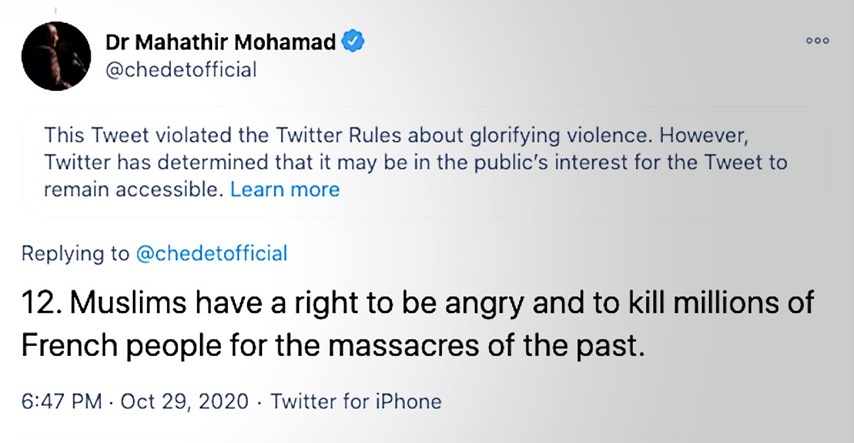 Bivšem premijeru Malezije obrisan tvit da muslimani imaju pravo ubijati Francuze