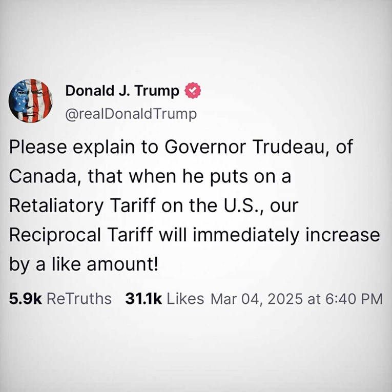 Trump: Objasnite guverneru Trudeauu da će uvođenjem protucarina naše carine porasti