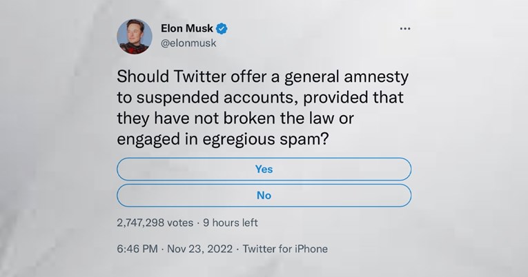 Musk na Twitteru stavio novu anketu o vraćanju računa