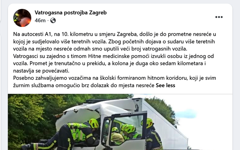 Vatrogasci nakon nesreće na A1 pohvalili vozače: "Školski"