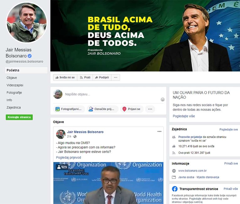 Nakon Twittera, i Facebook i Instagram miču Bolsonarove postove