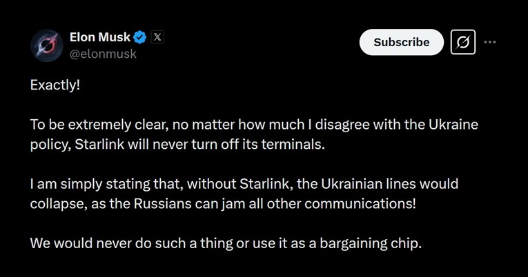 Musk: Nikad ne bih Ukrajini ugasio Starlink