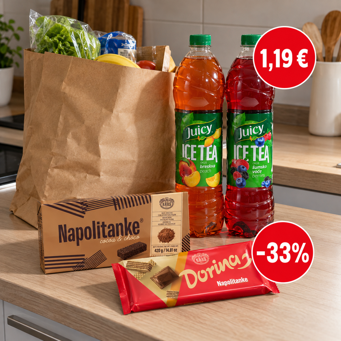 Cijene dana: Kraš napolitanke već od 2 eura, Juicy ledeni čaj na 39% popusta