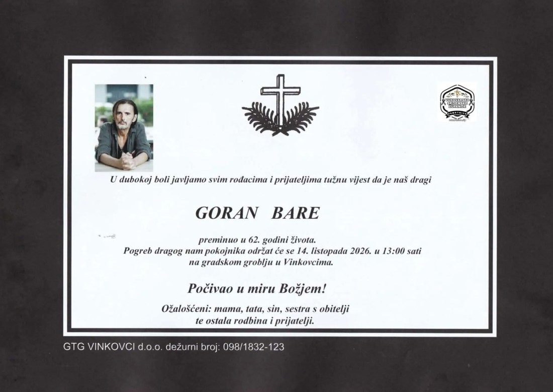 Objavljena osmrtnica Gorana Bareta
