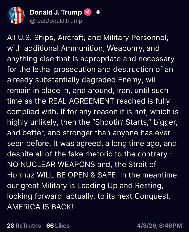 Trump: Ako se POSTIGNUTI SPORAZUM ne provede, počinje pucnjava snažnija nego ikada