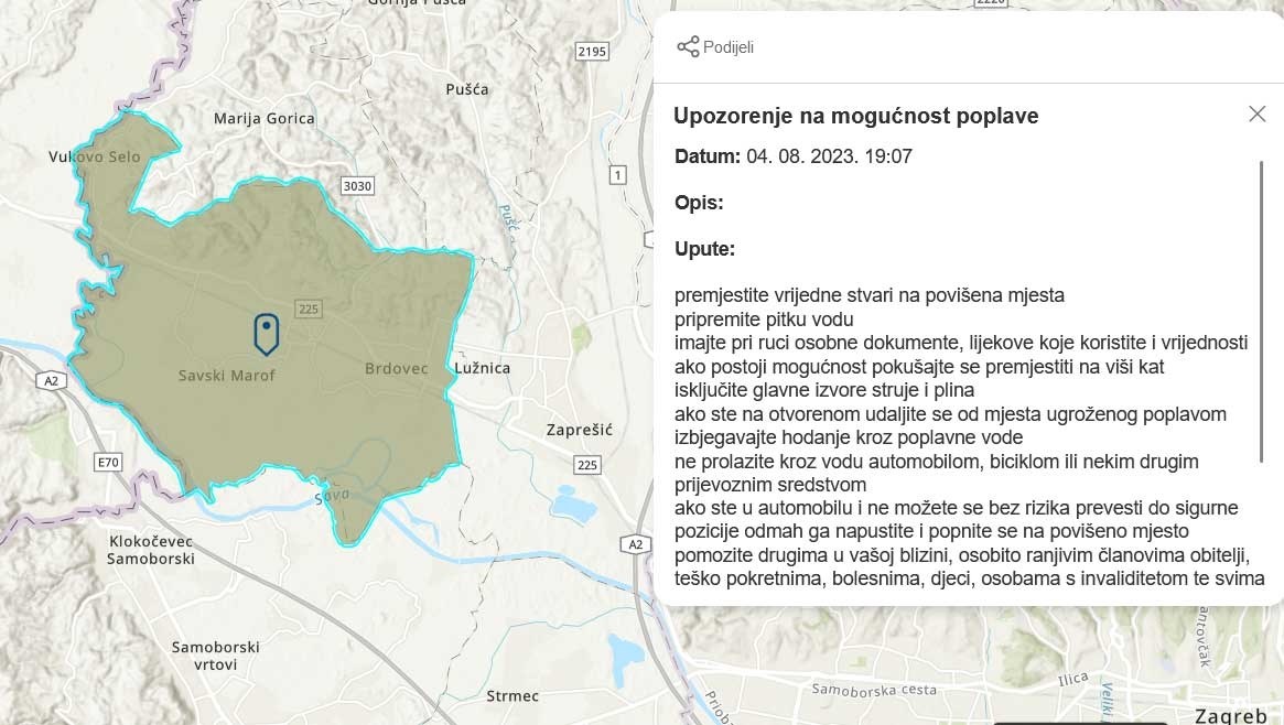 Prvu poruku upozorenja na poplave dobili su stanovnici mjesta Brdovec