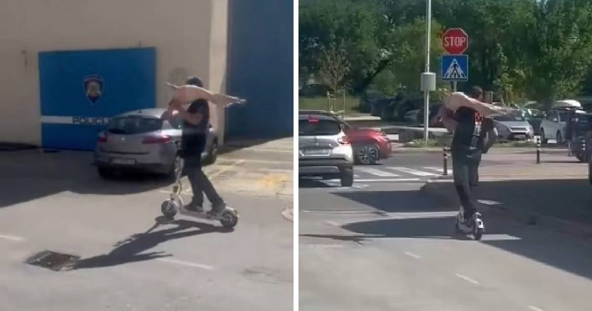 VIDEO S janjetom na ramenu vozio romobil pokraj policijske zgrade u Omišu