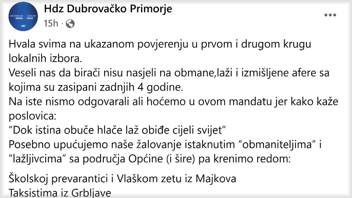 Objava HDZ-a: Upućujemo žalovanje školskoj prevarantici, zetu neradniku, neženji...