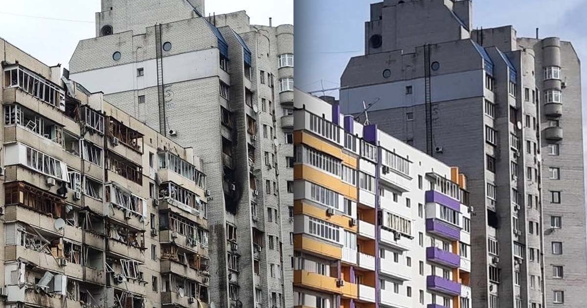 Ovo je neboder u Kijevu na početku rata i sada. Koliko je ono RH obnovila kuća?