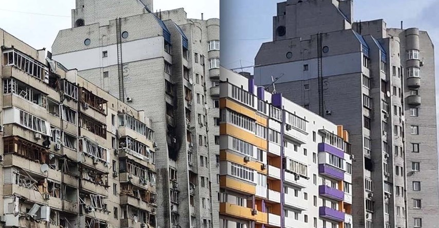 Ovo je neboder u Kijevu na početku rata i sada. Koliko je ono RH obnovila kuća?