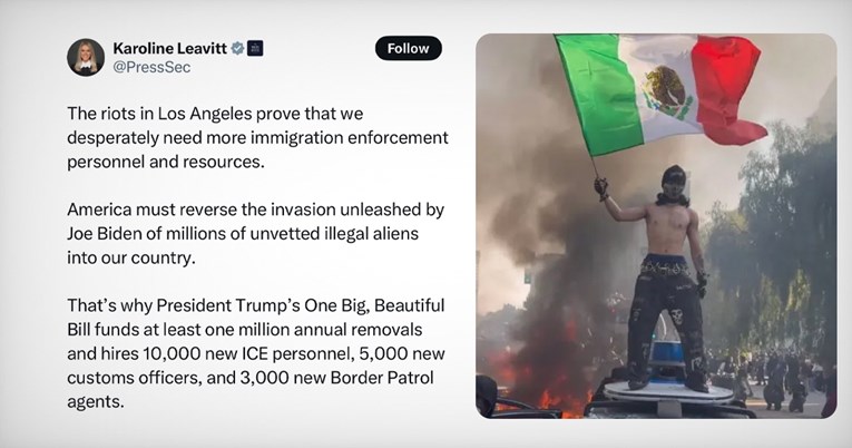 Maskiran nosi meksičku zastavu na policijskom autu u LA-u. Bijela kuća: Invazija