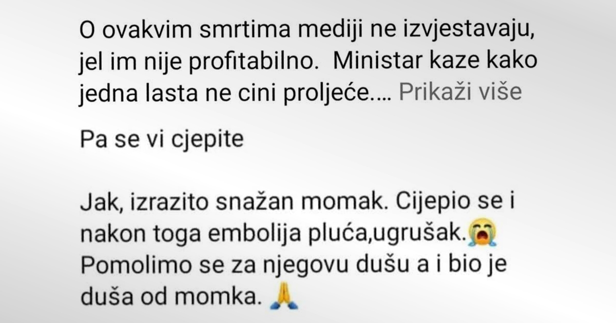Antivakseri pišu da je mladić umro nakon cijepljenja. Halmed: Slučaj nije prijavljen