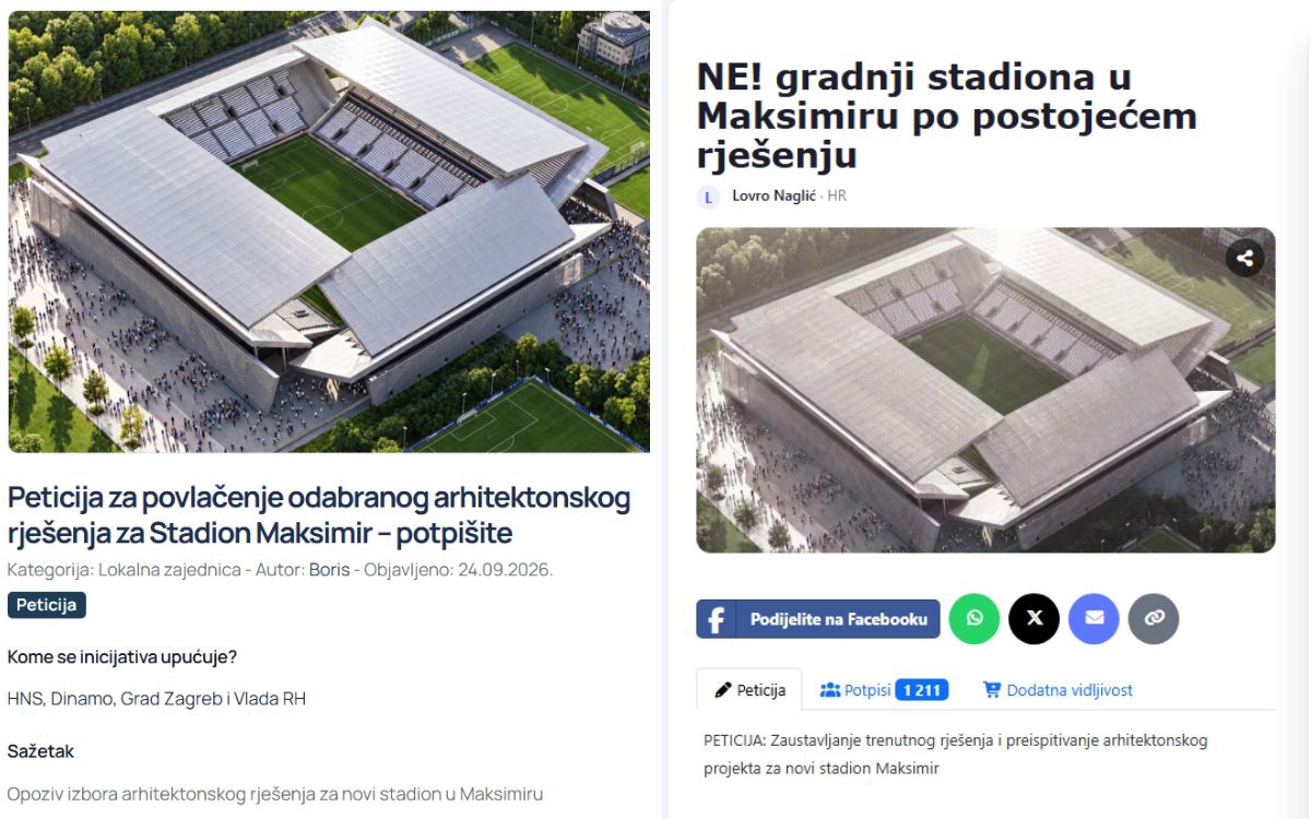 Pojavile se dvije peticije protiv odabranog rješenja za novi Maksimir