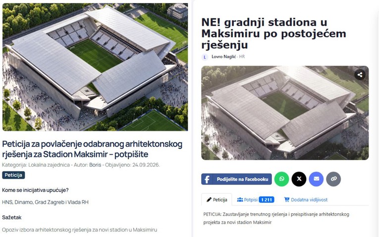 Pojavile se dvije peticije protiv odabranog rješenja za novi Maksimir