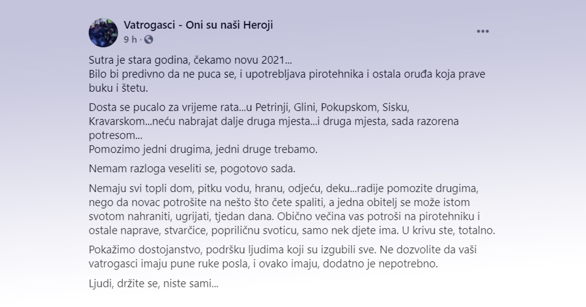 Poruka vatrogasaca: Bilo bi predivno da se večeras ne puca, pokažimo dostojanstvo