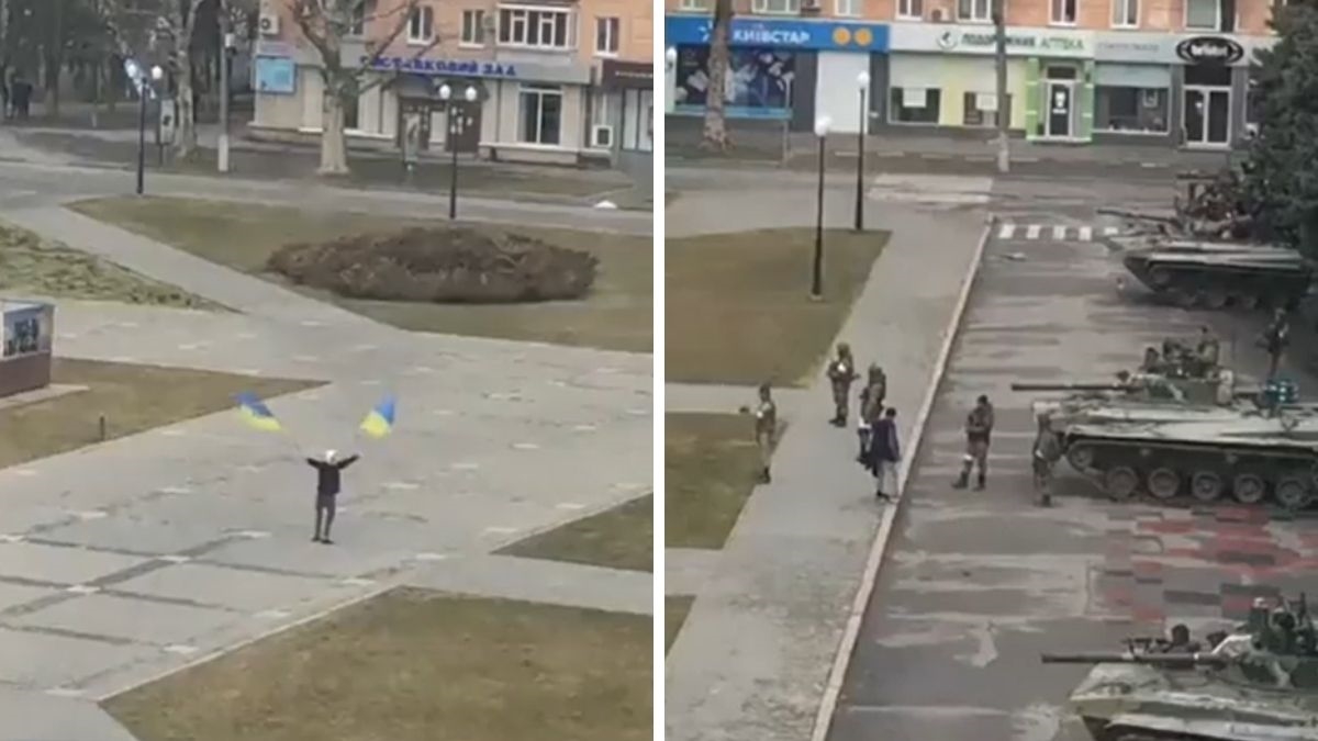 VIDEO Čovjek maše ukrajinskim zastavama pred ruskim tenkovima koji su zauzeli Herson