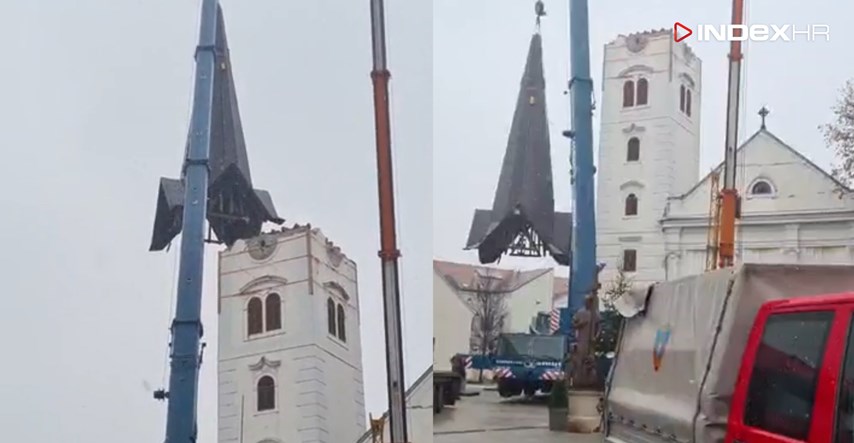 VIDEO Skinuli zvonik sa sisačke katedrale. Sve je nadgledao i premijer Plenković