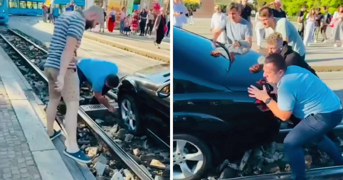 VIDEO Mercedes upao u raskopanu tramvajsku prugu. ZET-ovac i prolaznici ga gurali