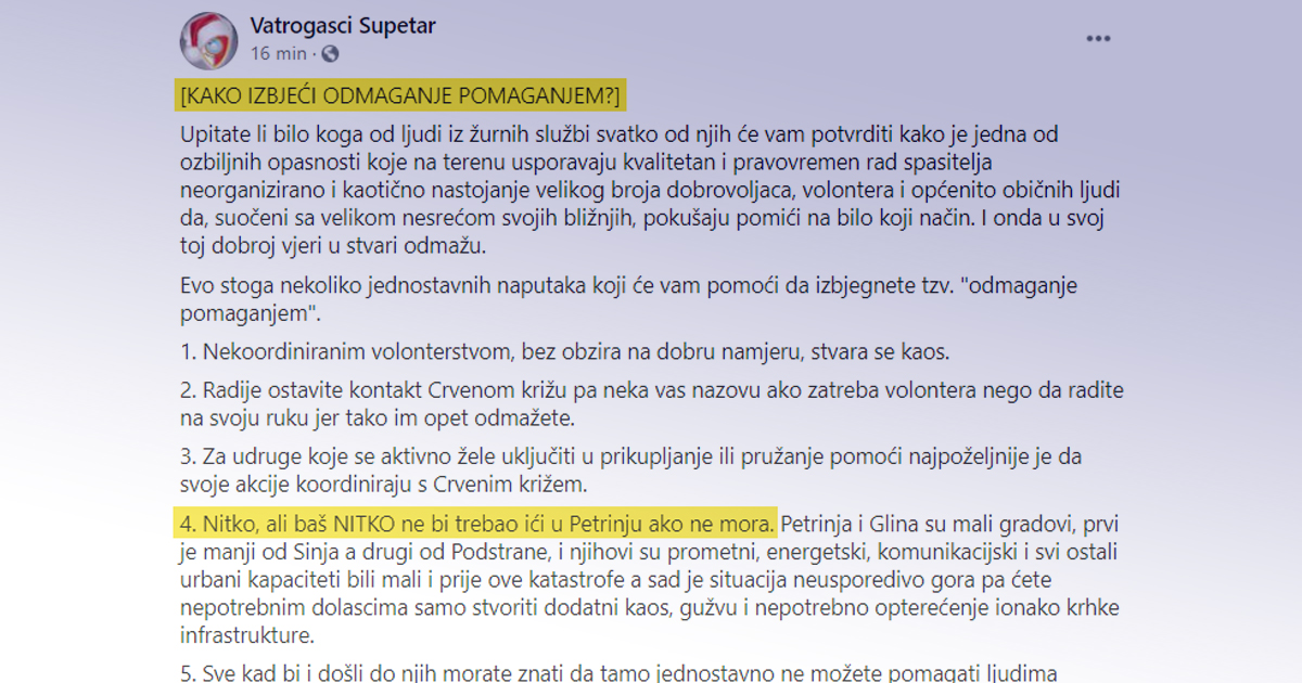 Vatrogasci iz Supetra: Sisku, Petrinji, Glini i ostalima pomoć će trebati još dugo