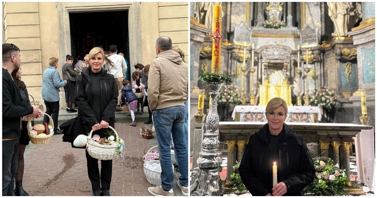 Kolinda poslala uskrsnu čestitku iz Ukrajine. Pozirala s košaricom ispred crkve