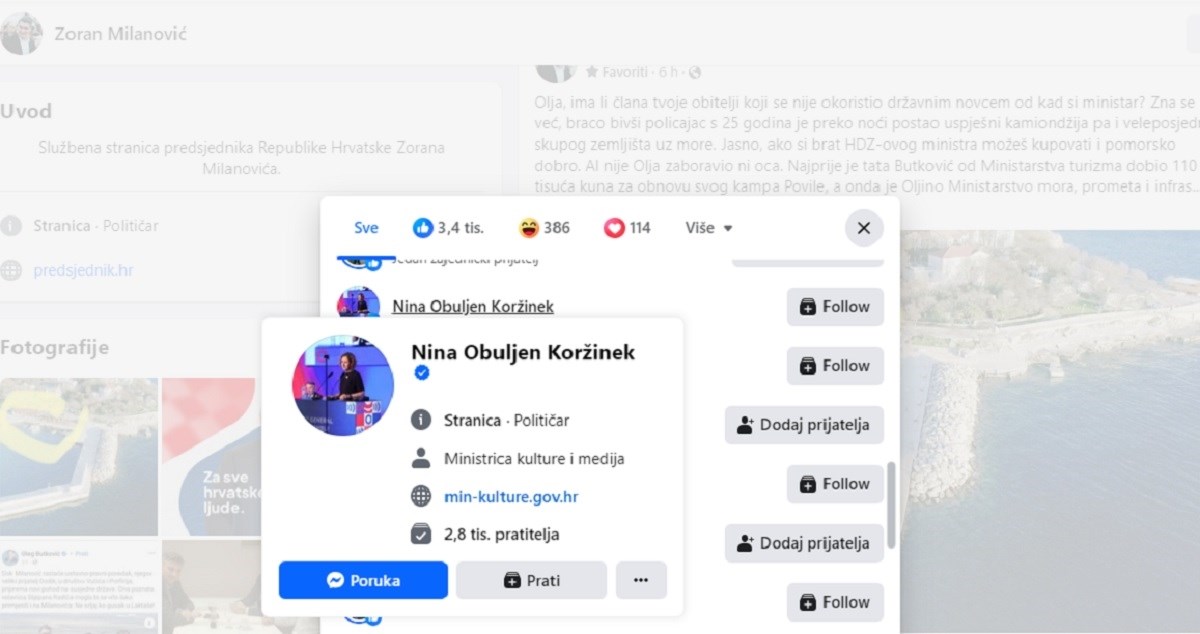 Nina Obuljen lajkala Milanovićevu objavu u kojoj žestoko napada Butkovića