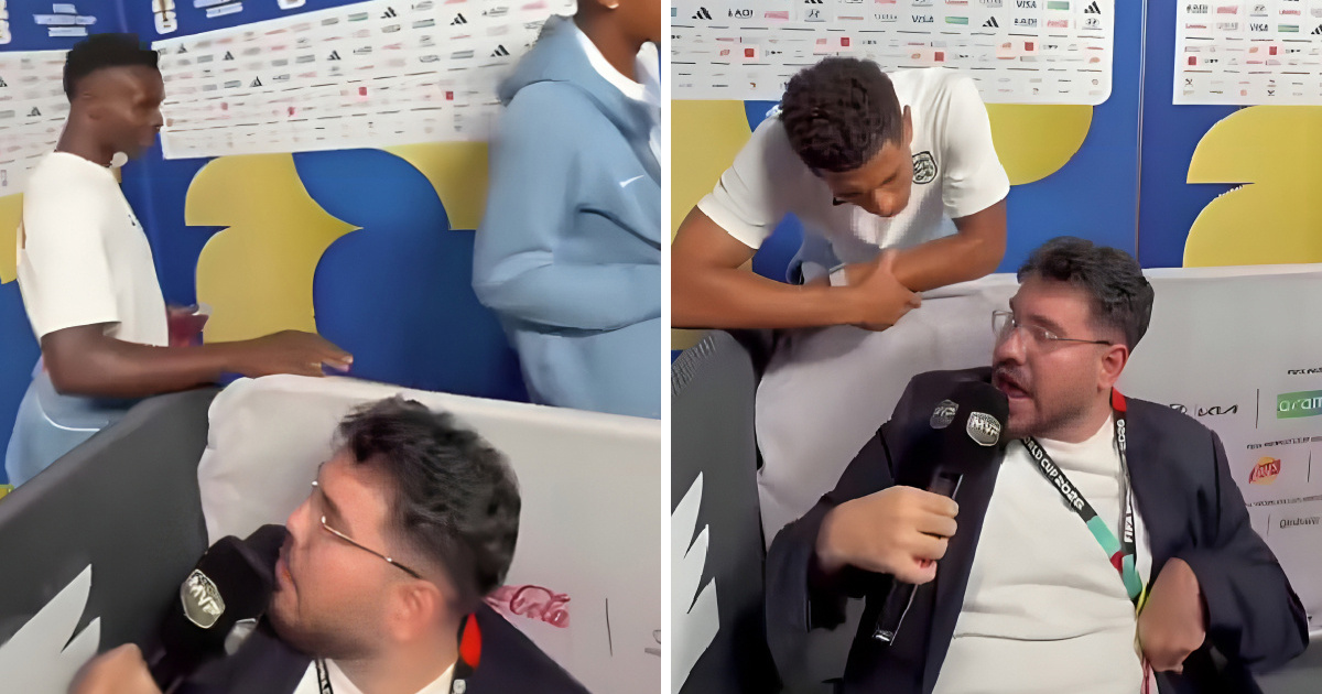 Bellingham i Madueke jedini stali pred novinarom u kolicima. Snimka je postala hit