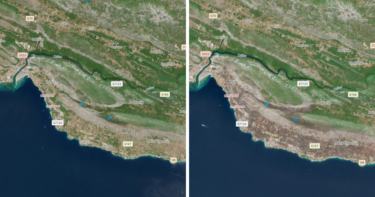 Nove satelitske snimke. Pogledajte Omiš prije i poslije velikog požara