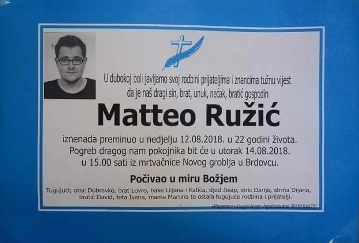 Matteo Ružić danas će biti pokopan