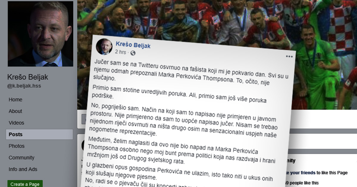 Beljak: Zbog Thompsona sam primio stotine uvredljivih poruka, ali još više onih koji su me podržali