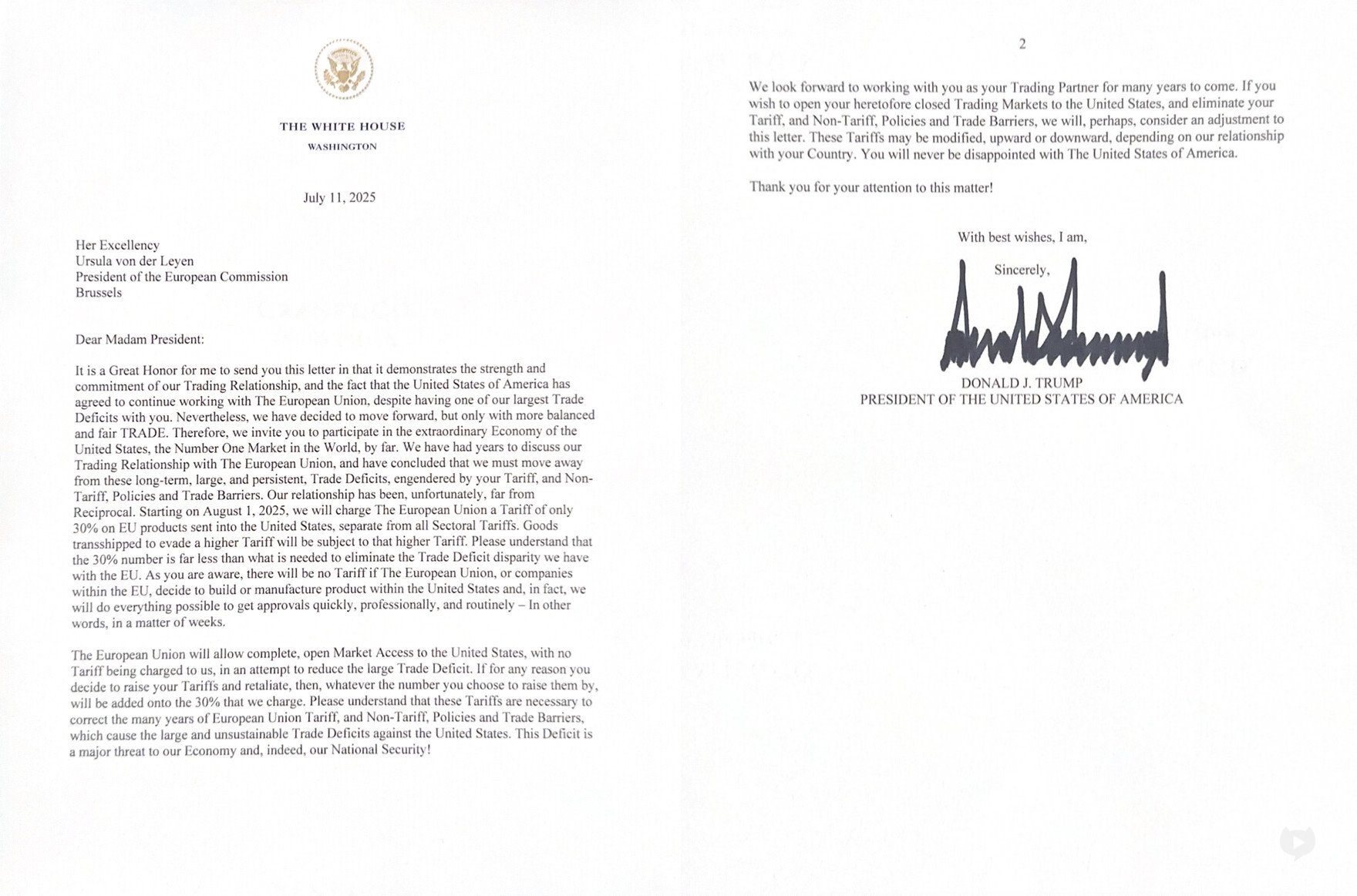 Presidenti i SHBA-së, Donald Trump, njoftoi se do të vendosë tarifa prej 30% për mallrat nga Bashkimi Evropian duke filluar nga 1 gushti