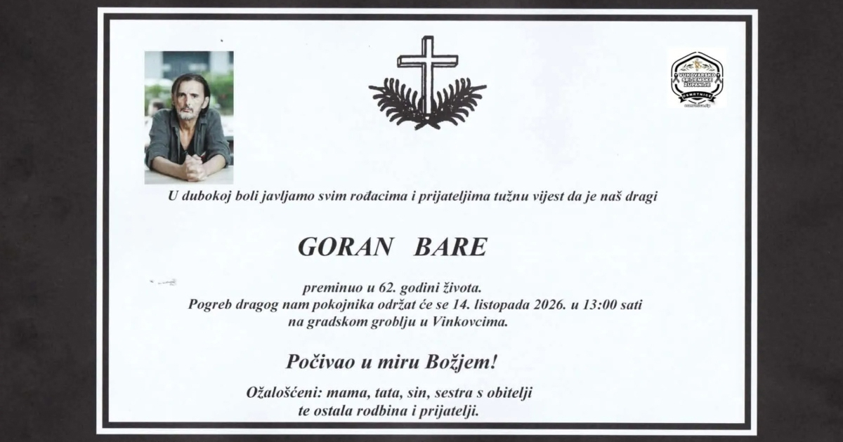 Objavljena osmrtnica Gorana Bareta