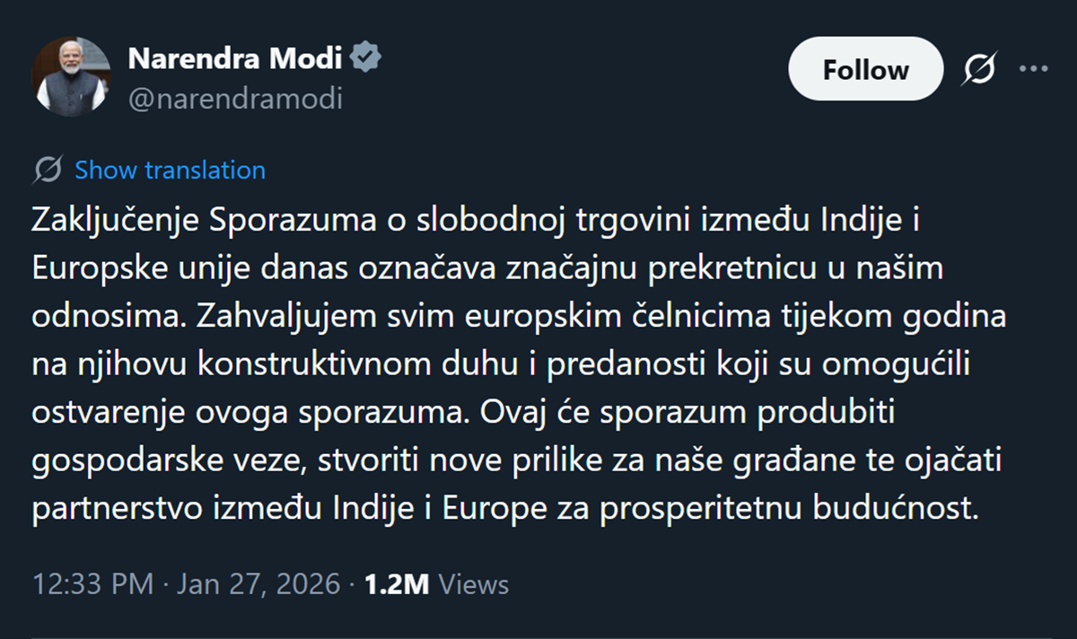 Indijski premijer objavio poruku na hrvatskom