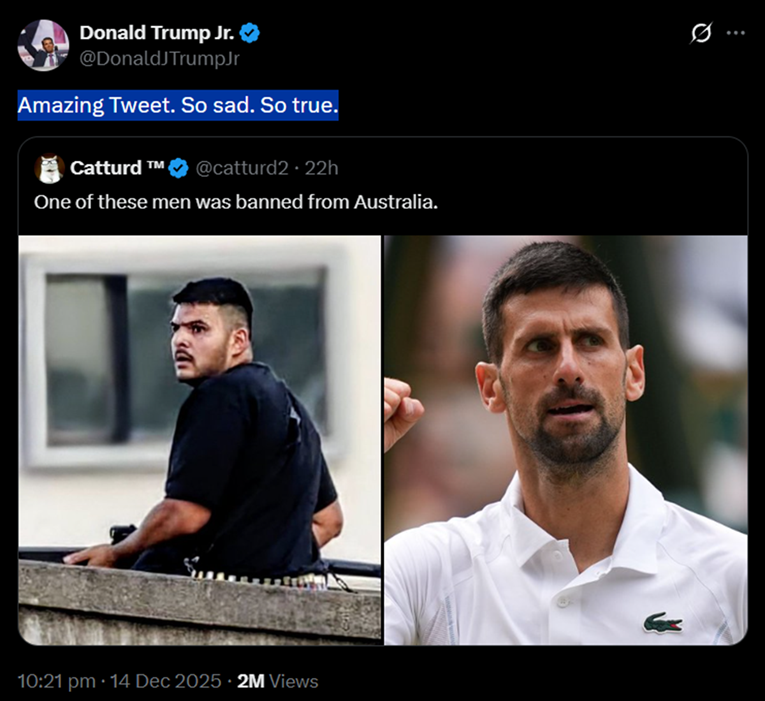 Trumpov sin podijelio tvit: "Samo jednom od ove dvojice zabranjen ulaz u Australiju"